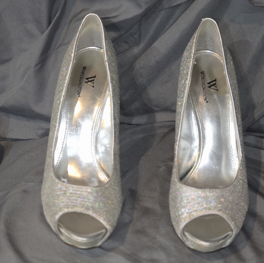 Kiss Silver Glitter Peep Toe Heels